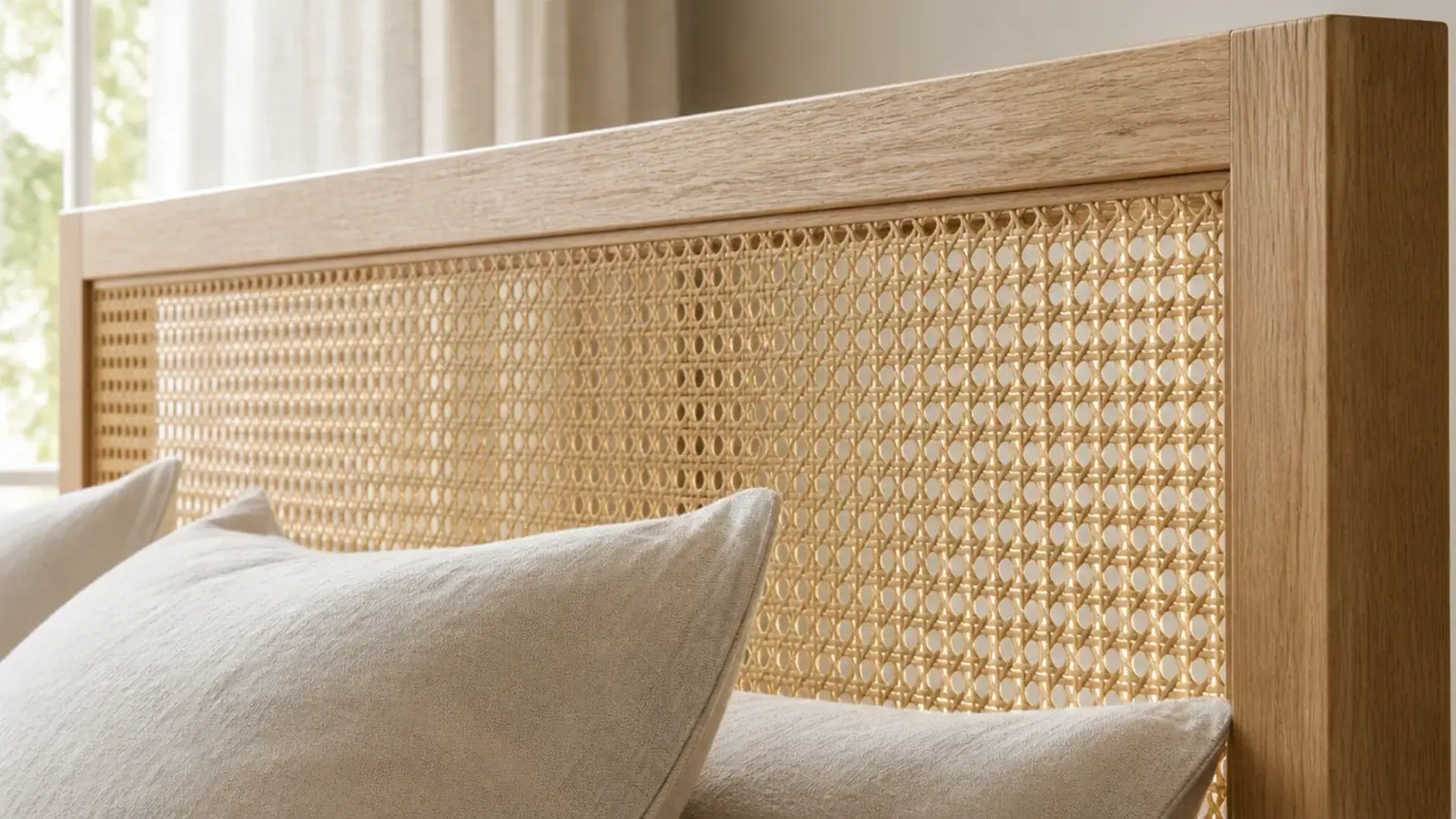 slim oak frame headboard with woven cane webbing stretched across the center