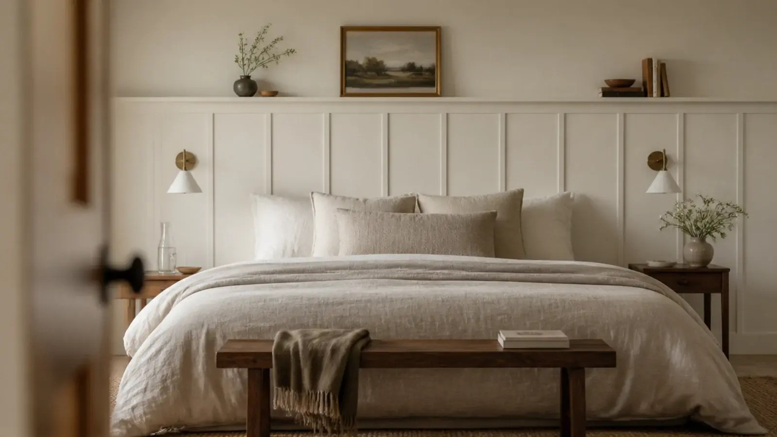 board and batten wood headboard wall painted the same soft cream as the room