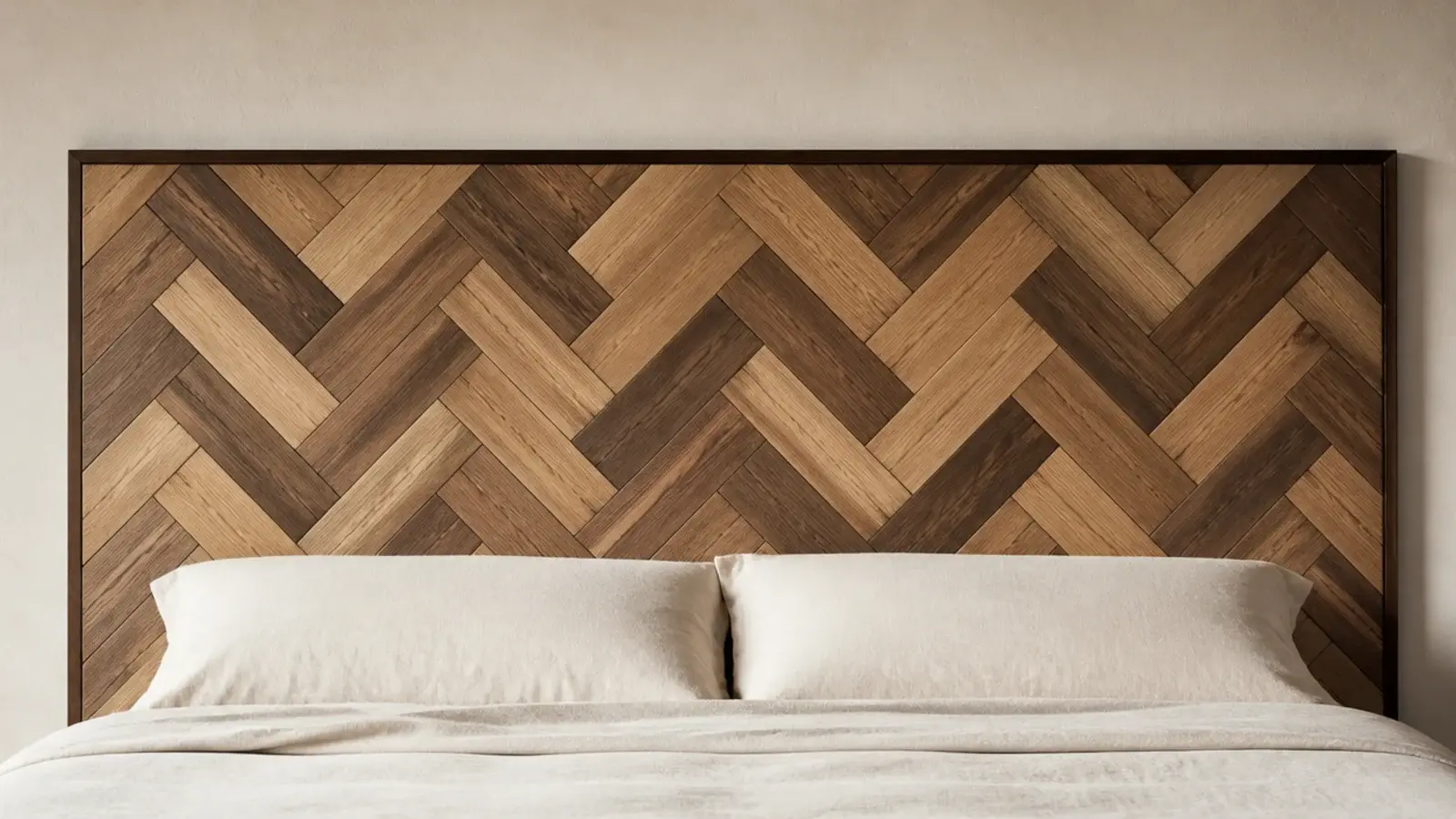 herringbone wood headboard panel assembled from mixed oak and walnut offcuts