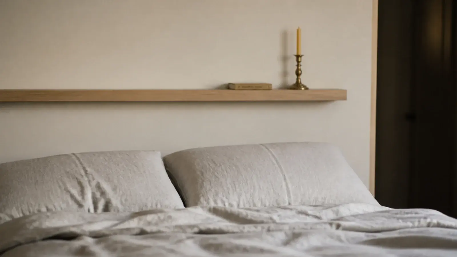 narrow floating oak ledge mounted low behind a bed as a minimal headboard