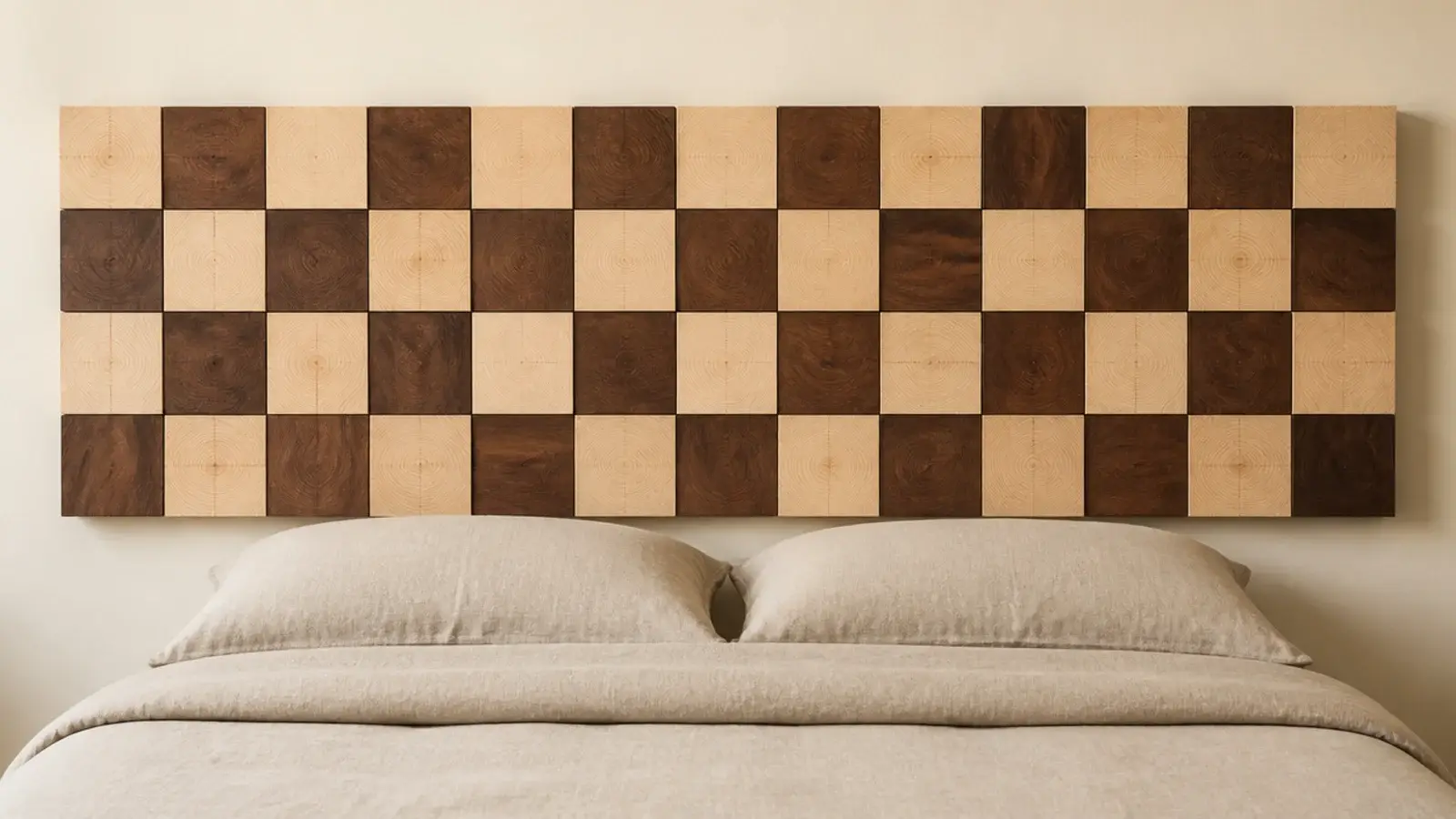 two tone wood headboard of alternating light and dark stained square blocks