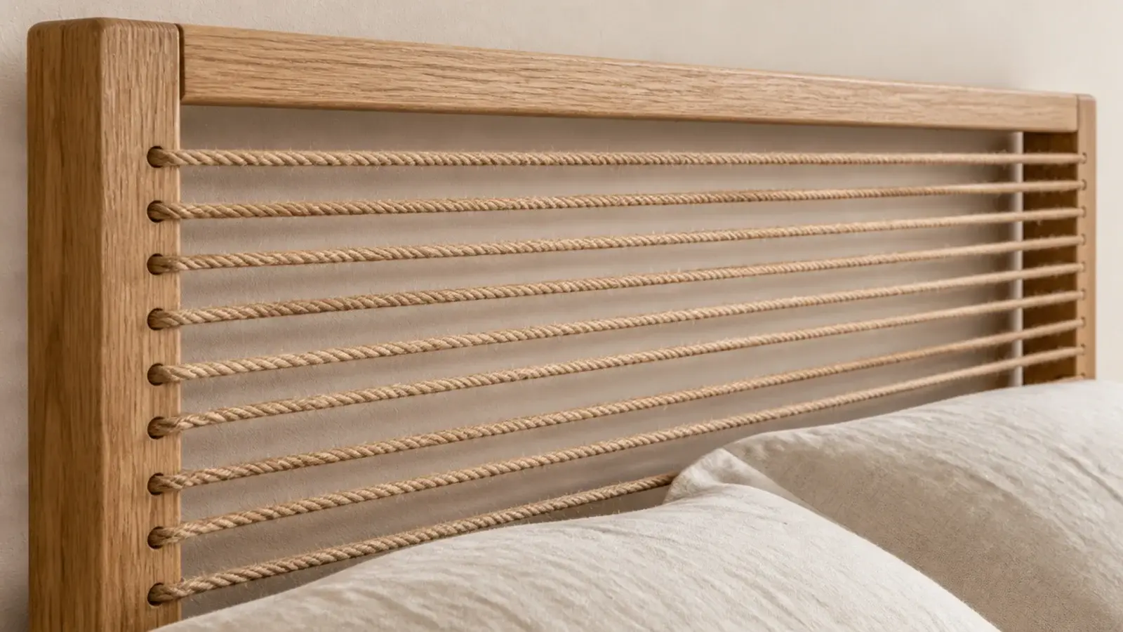 oak headboard frame laced across with taut natural jute rope in even rows