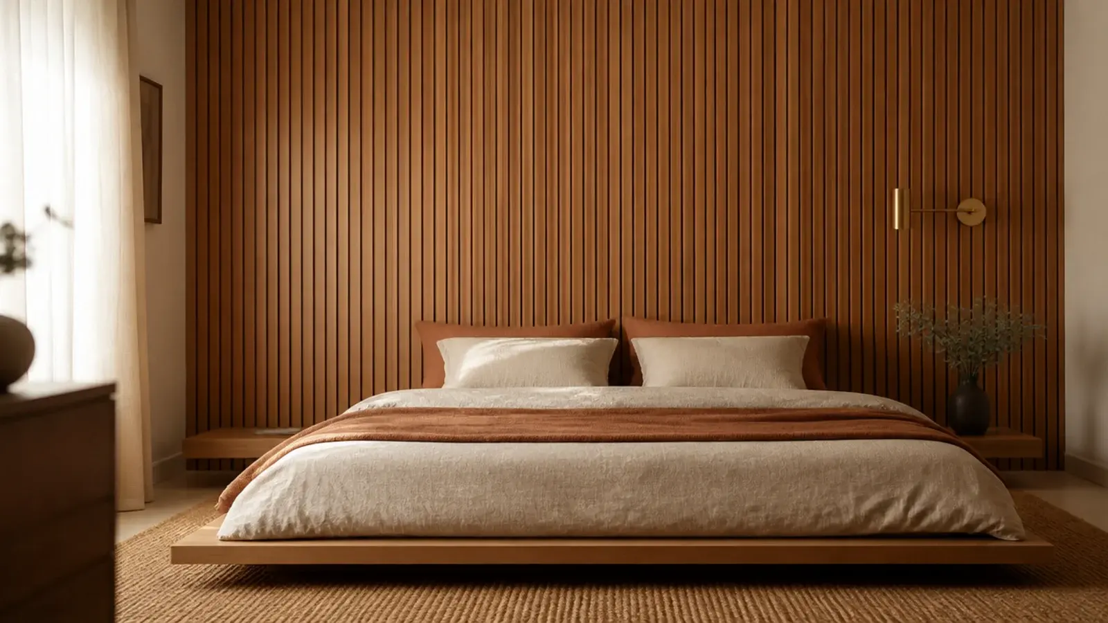 floor to ceiling wooden slats behind a bed forming a full height headboard