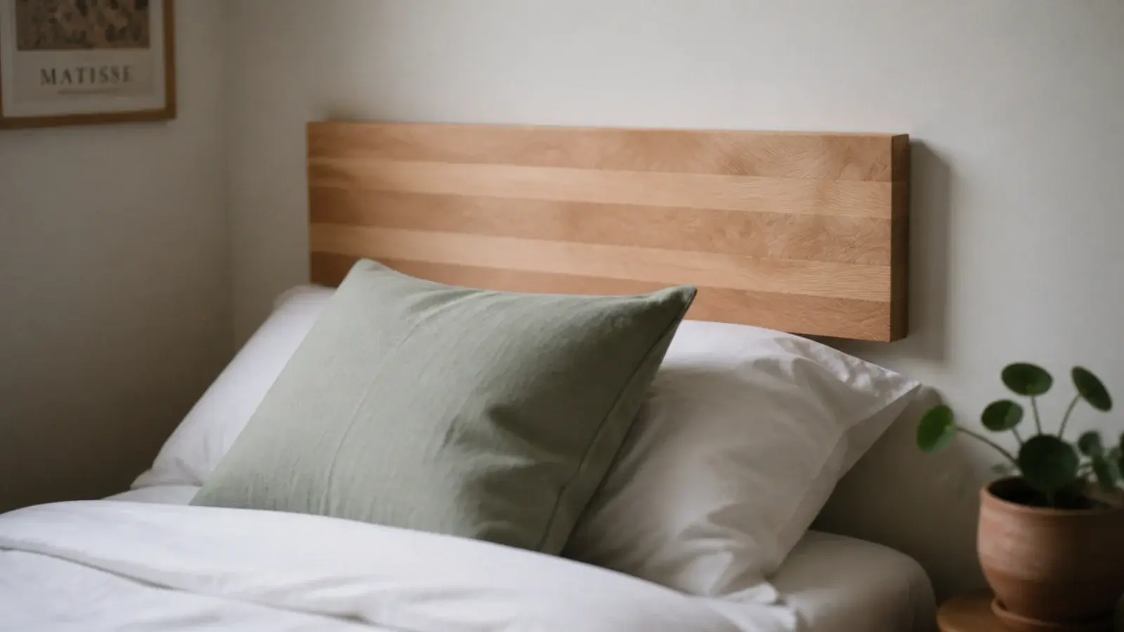 butcher block offcut mounted as a compact wood headboard above a small bed