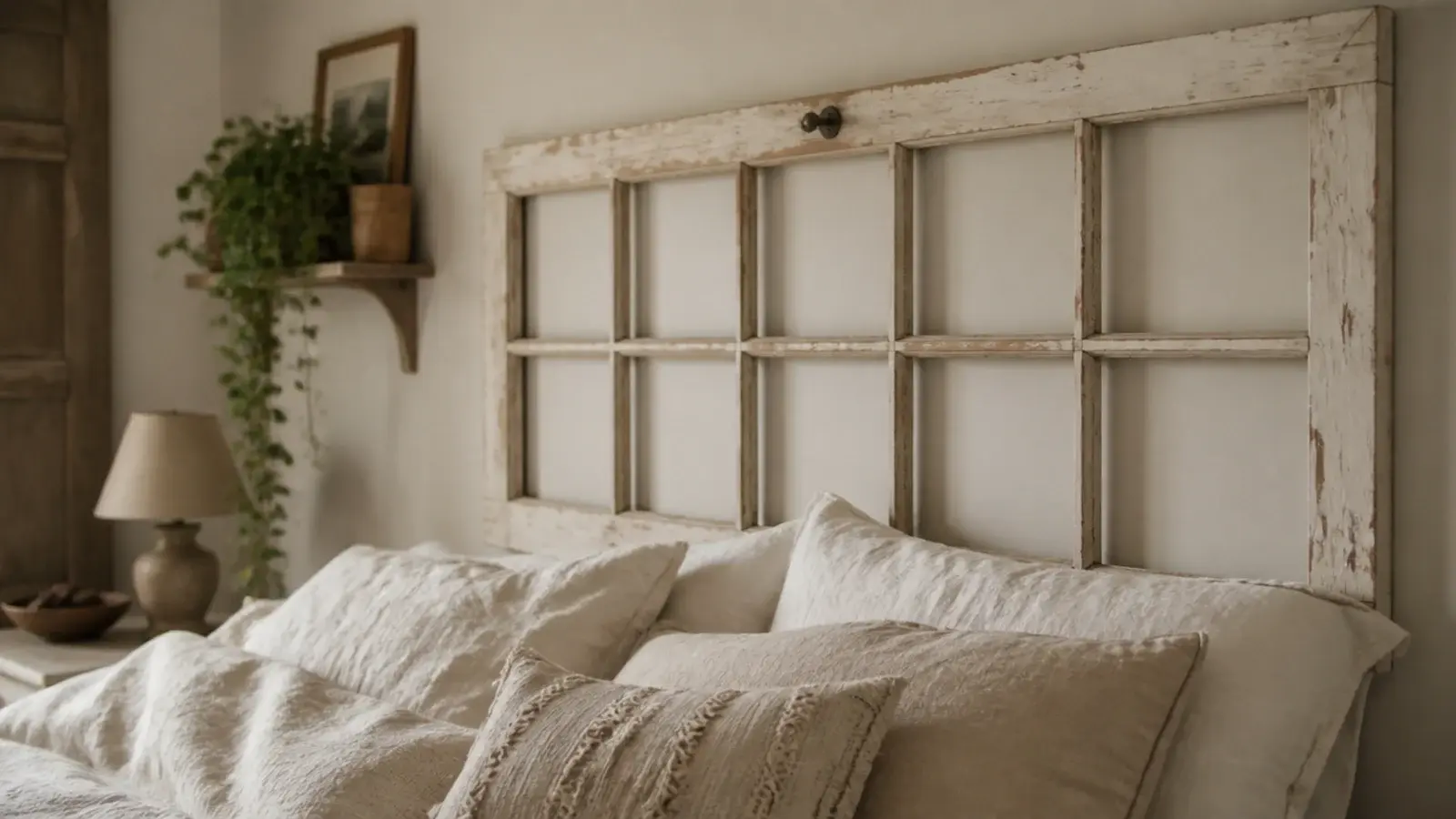 salvaged timber window frame hung as an airy headboard with no glass in it
