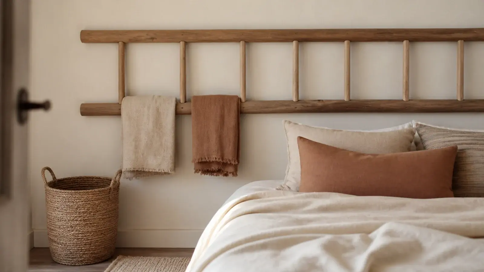 wooden ladder headboard with round rungs holding folded linen throws