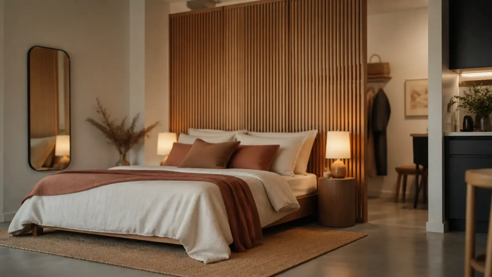 freestanding slatted wooden divider acting as a headboard for a floating bed