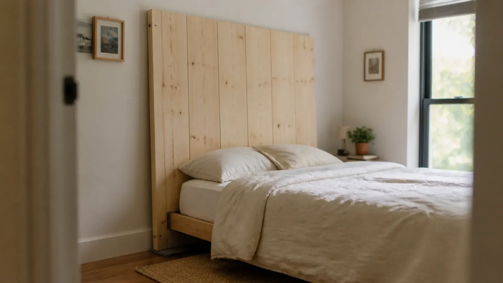 leaning plank wood headboard resting against a rental wall behind a bed