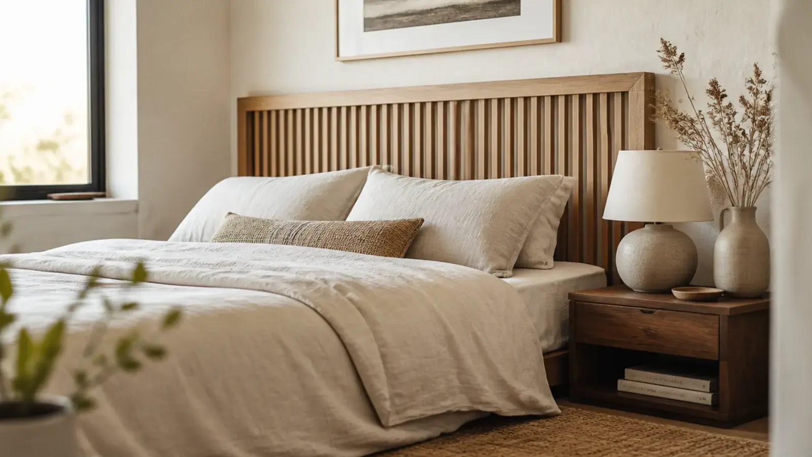 warm oak slat wood headboard above a linen bed in a small bright bedroom