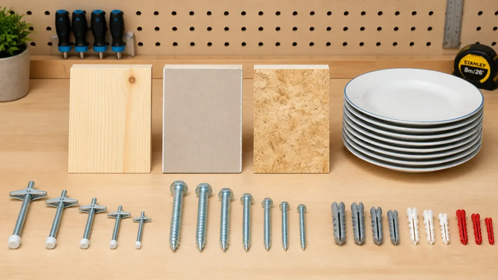 testing bench with kitchen shelf brackets anchors and stacked plates as weight