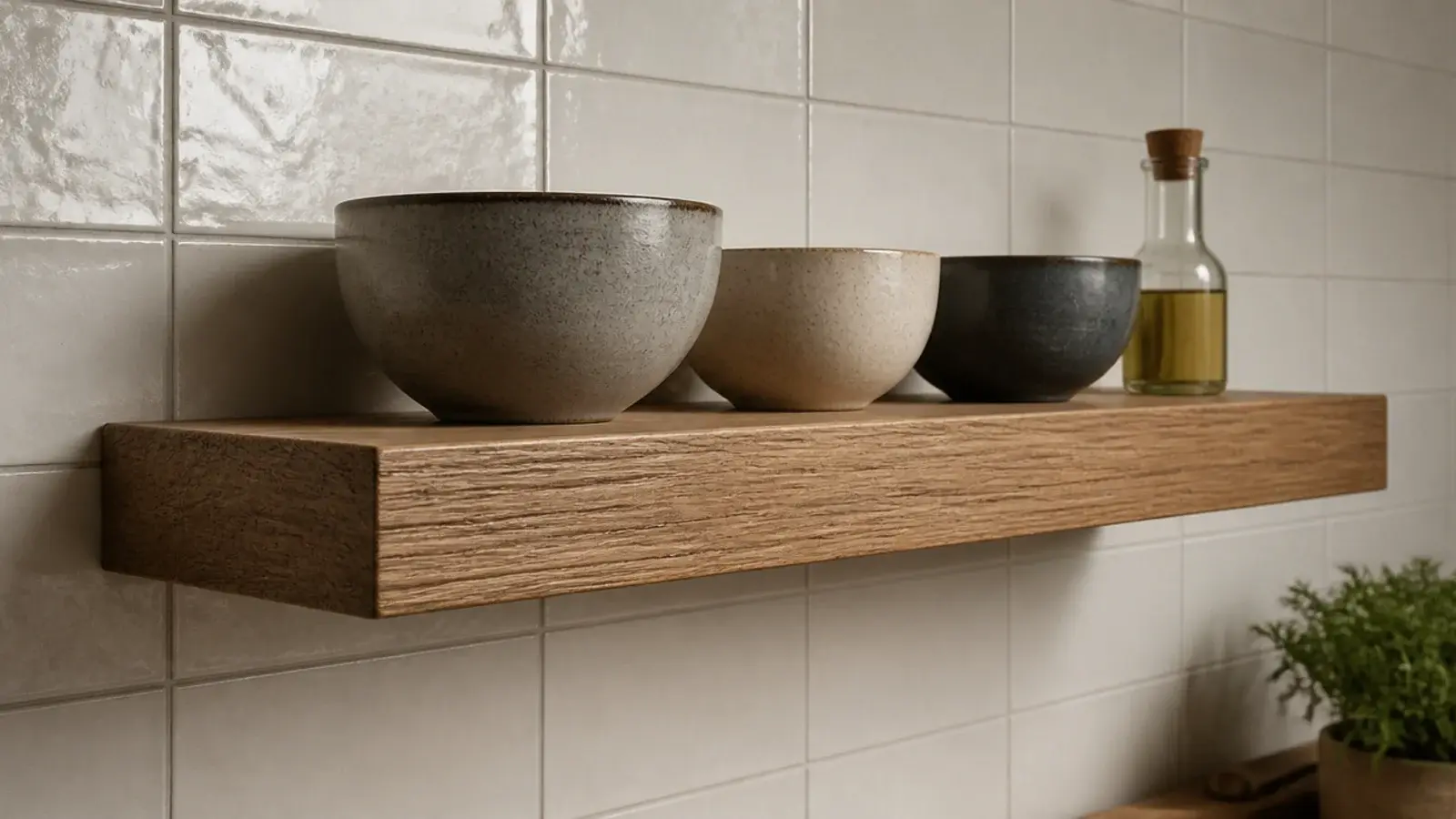 floating kitchen shelf on concealed rod brackets holding stoneware bowls