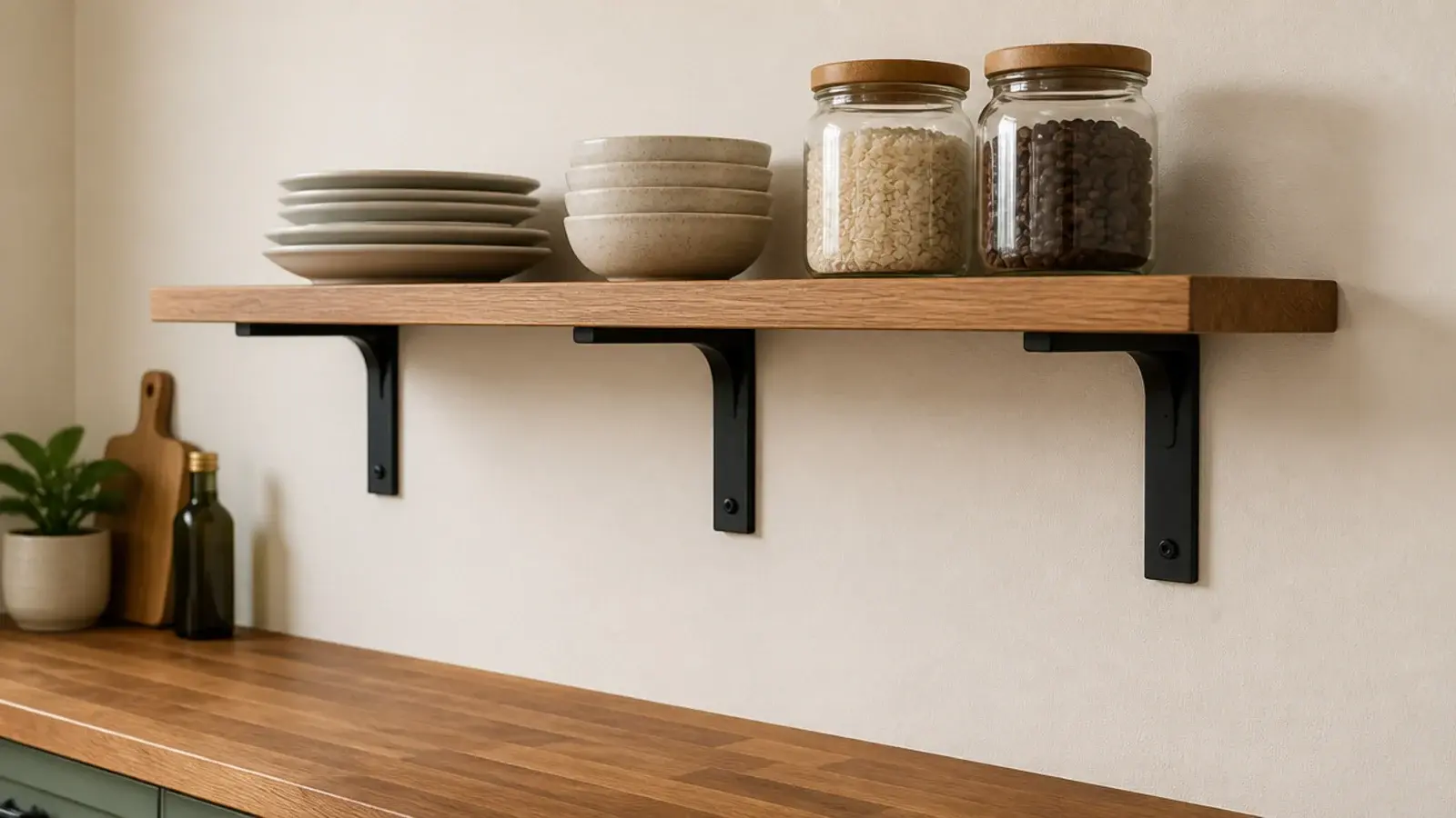 matte black L brackets carrying a kitchen shelf above a butcher counter