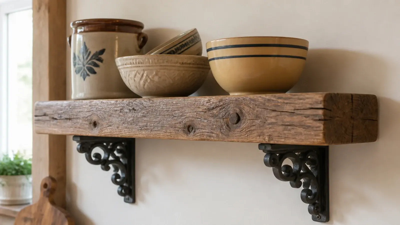 ornate cast iron corbels supporting a thick timber kitchen shelf