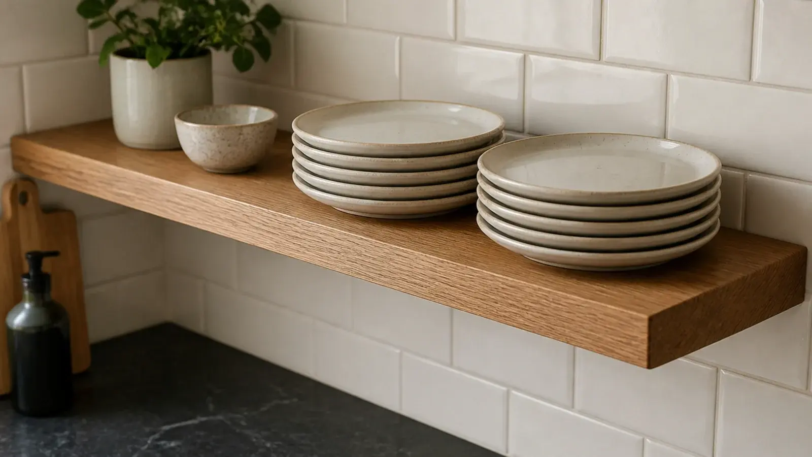 solid oak kitchen shelf board holding two stacks of everyday dinner plates