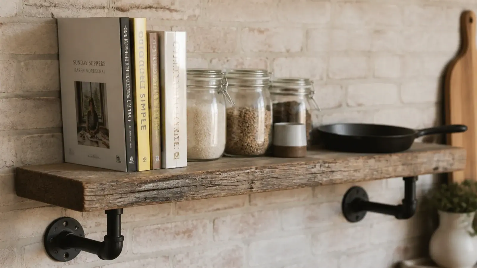 thick scaffold board kitchen shelf on black pipe flange supports
