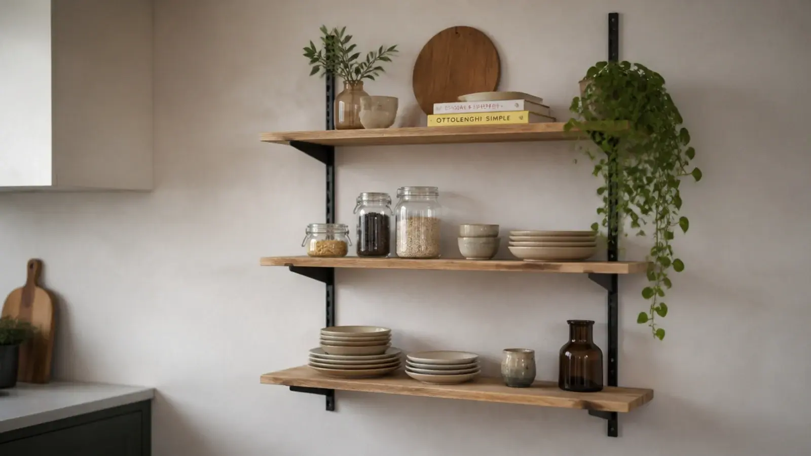 slotted wall tracks carrying adjustable kitchen shelves at set heights