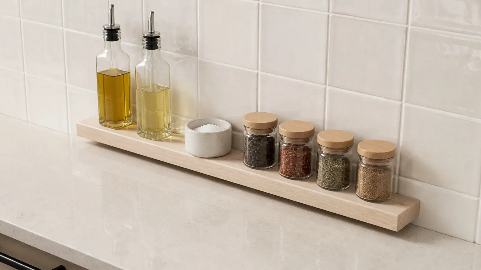 slim three inch kitchen ledge holding oils and daily spice jars