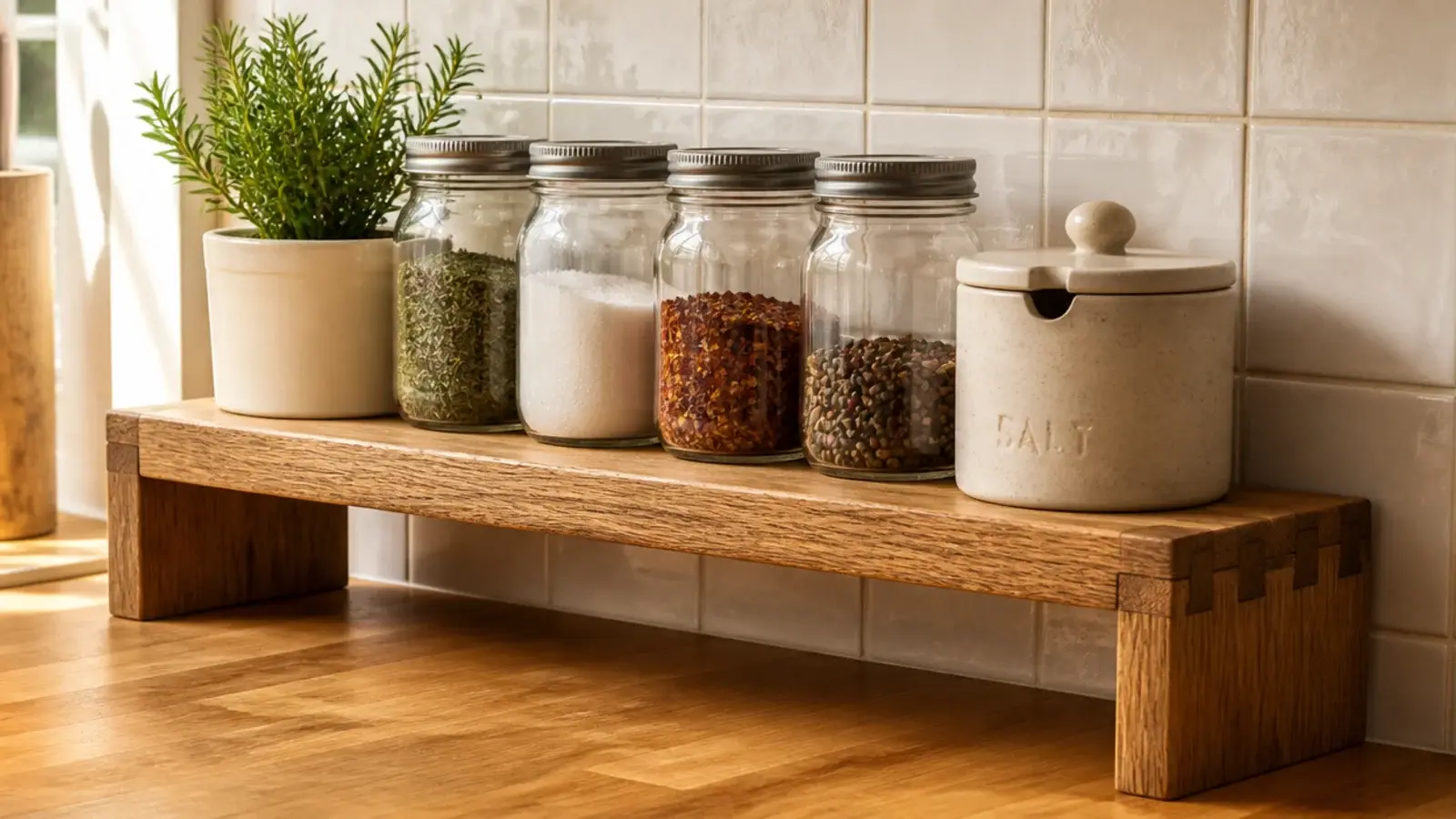 oak countertop riser shelf standing on a kitchen counter with jars