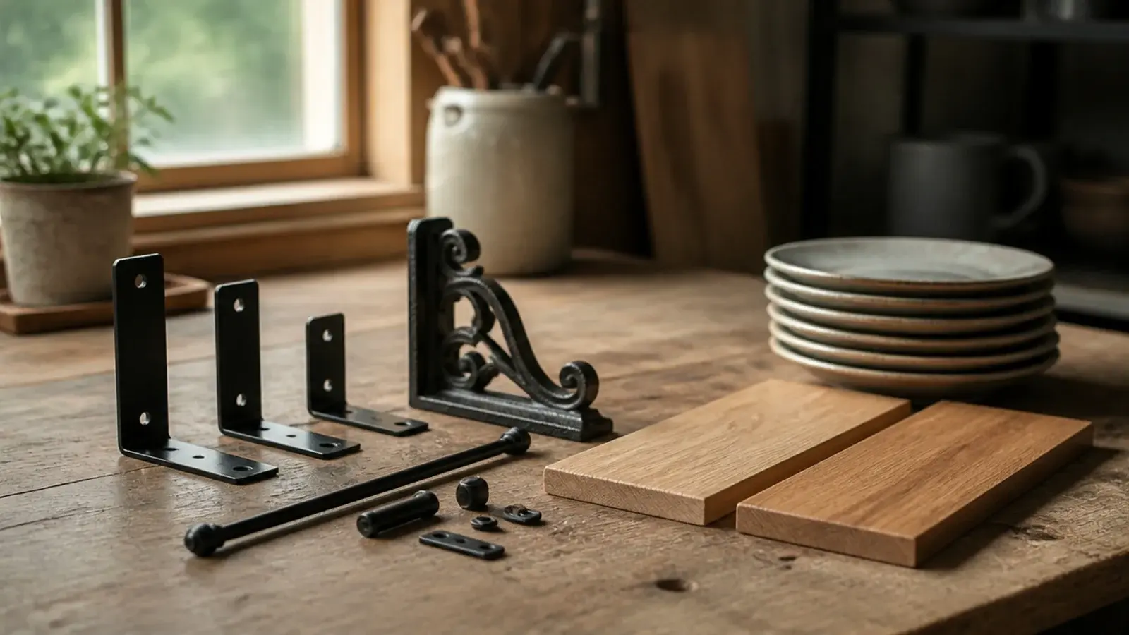 range of kitchen shelf brackets and oak boards displayed together on a workbench