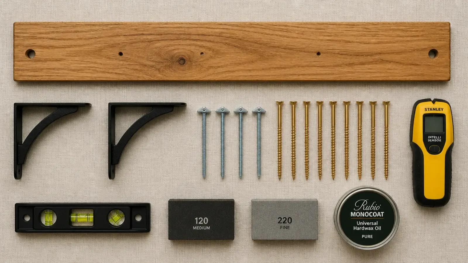 flat lay of brackets anchors sandpaper and oil for building kitchen shelves