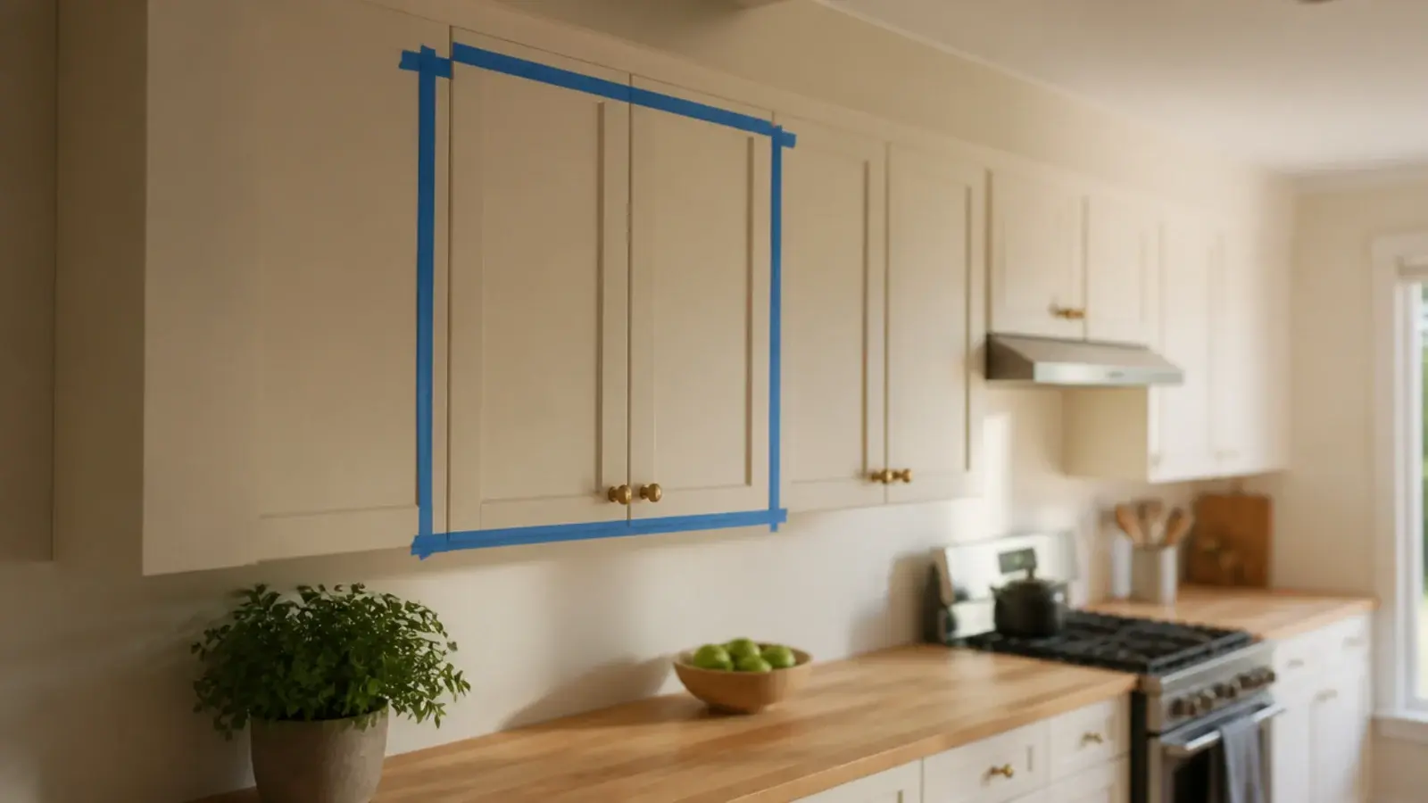 kitchen wall of upper cabinets marked with tape for open shelf conversion