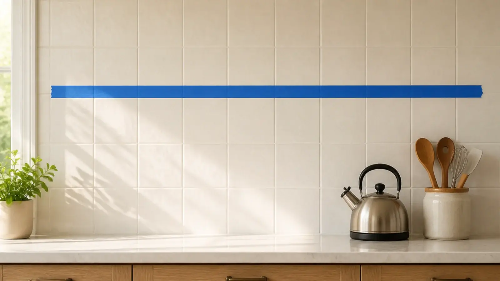 painters tape line marking a planned kitchen shelf height on tiled wall