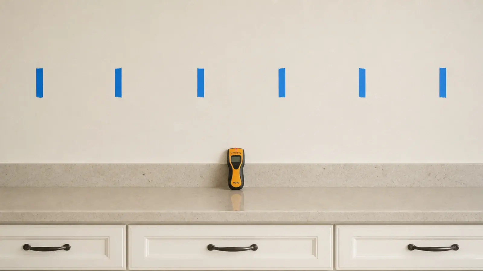 tape marks showing stud positions along a kitchen wall for shelf brackets