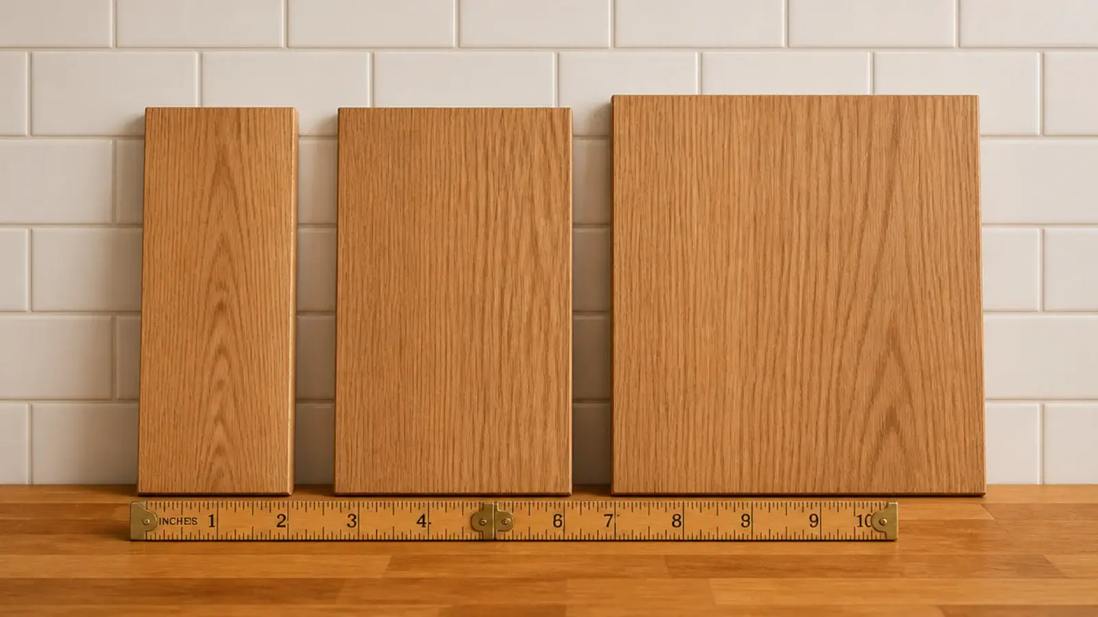 oak board offcuts of three depths held against a kitchen backsplash wall