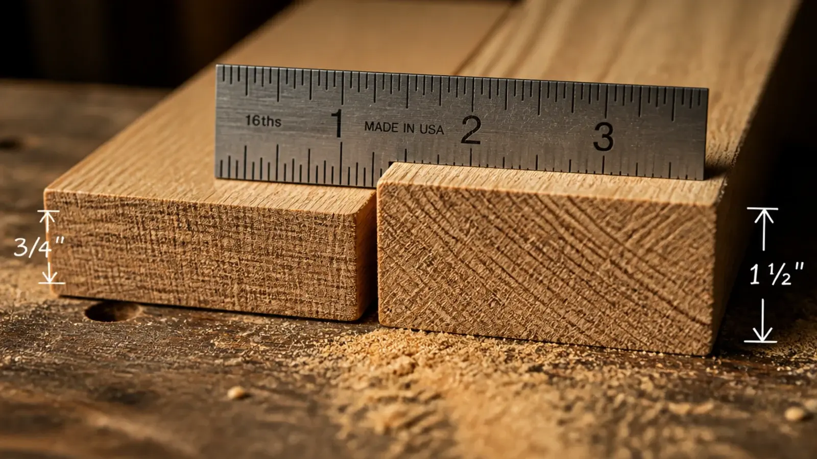 thick and thin oak shelf boards compared on end for kitchen shelf spans