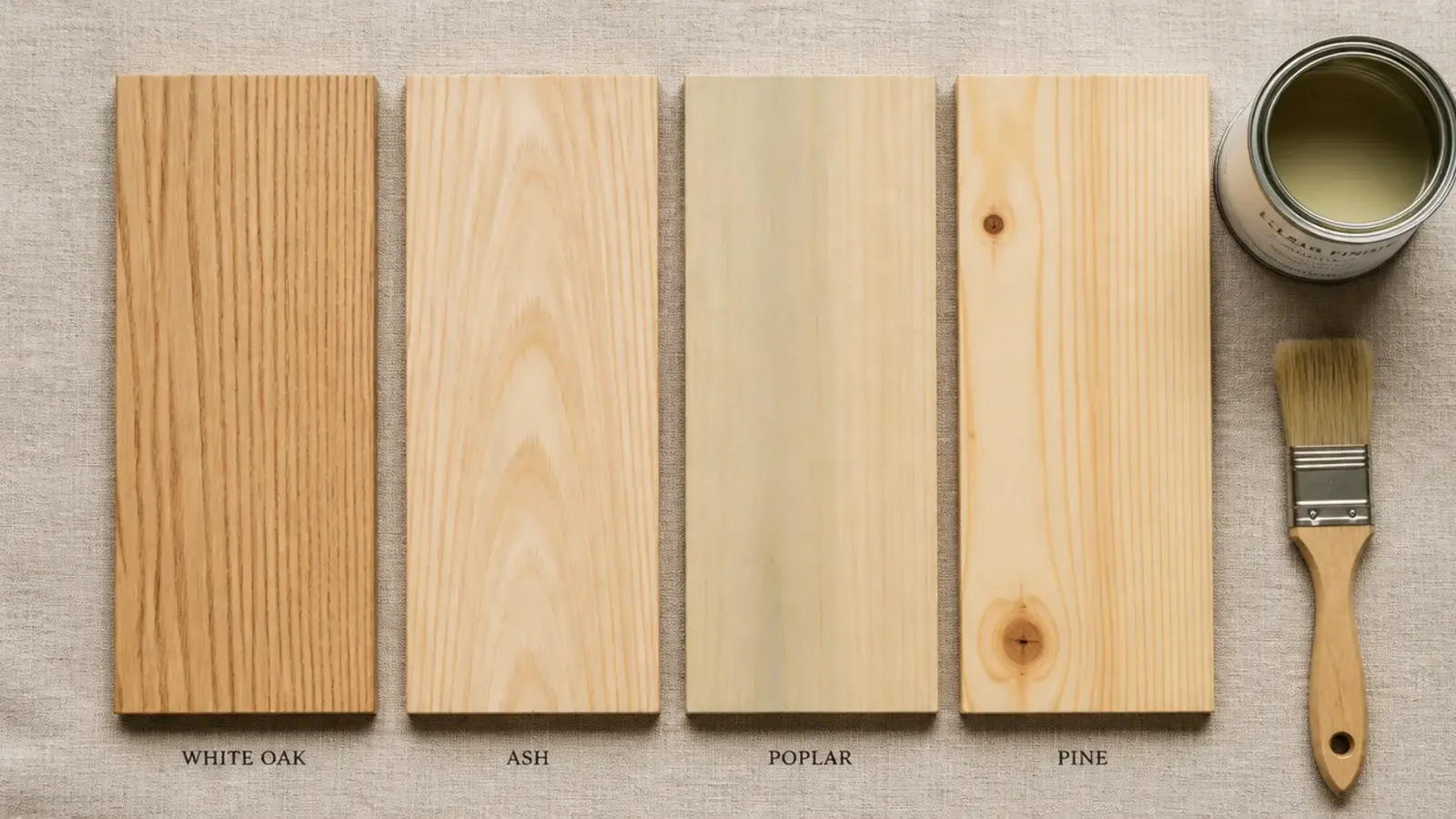 oak ash and poplar board samples laid out for choosing kitchen shelf wood