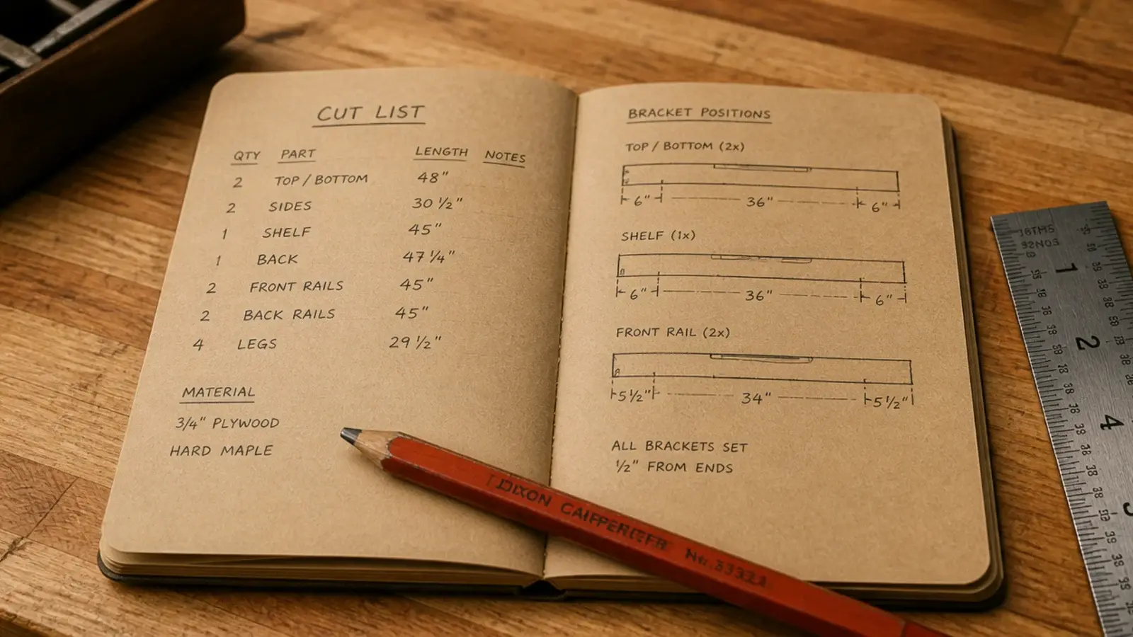 handwritten kitchen shelf cut list on kraft paper beside a pencil and rule