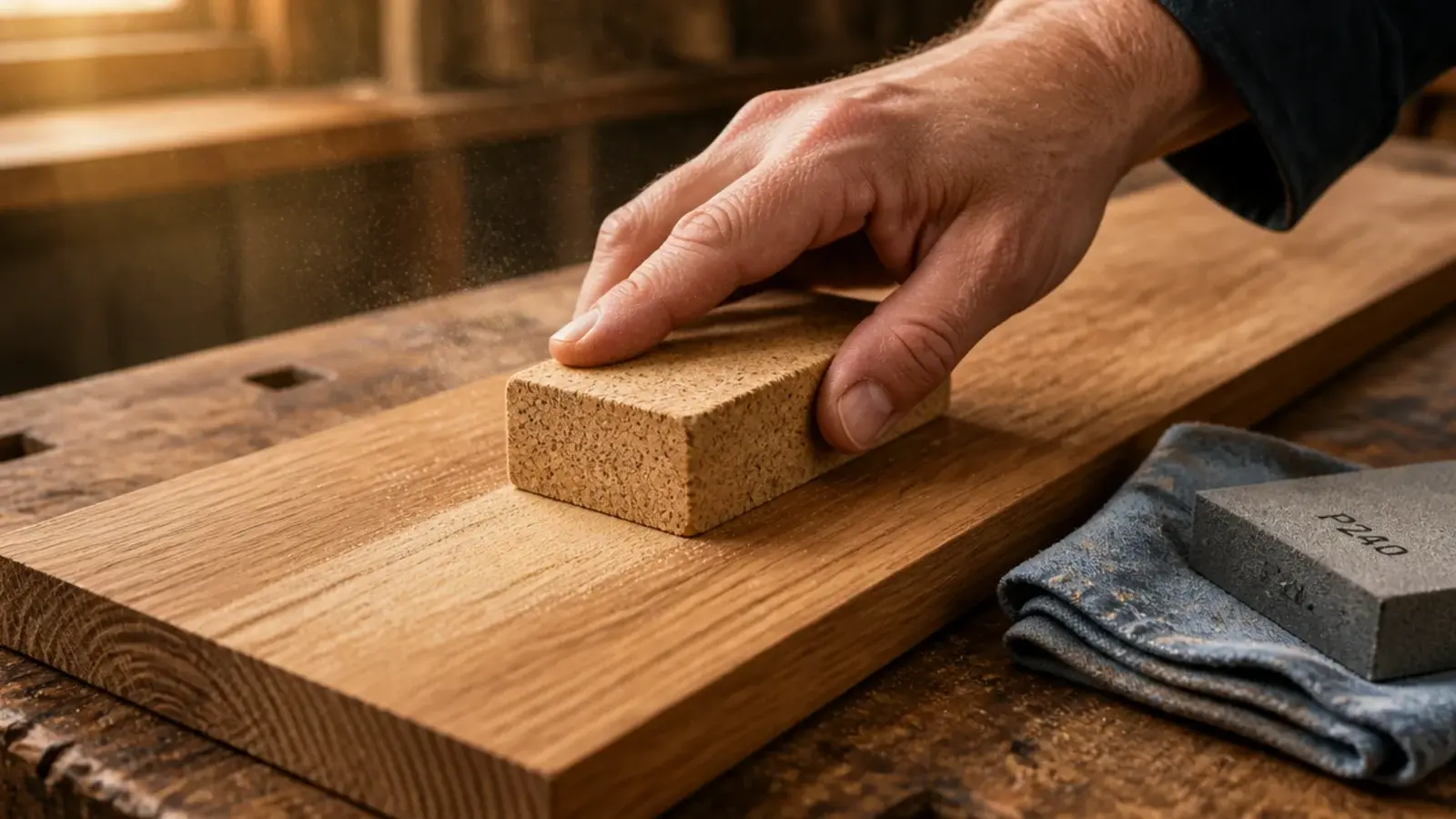 sanding block moving along the grain of a kitchen shelf oak board
