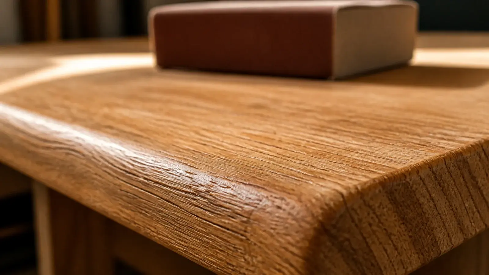 rounded front edge of a sanded oak kitchen shelf board in close view