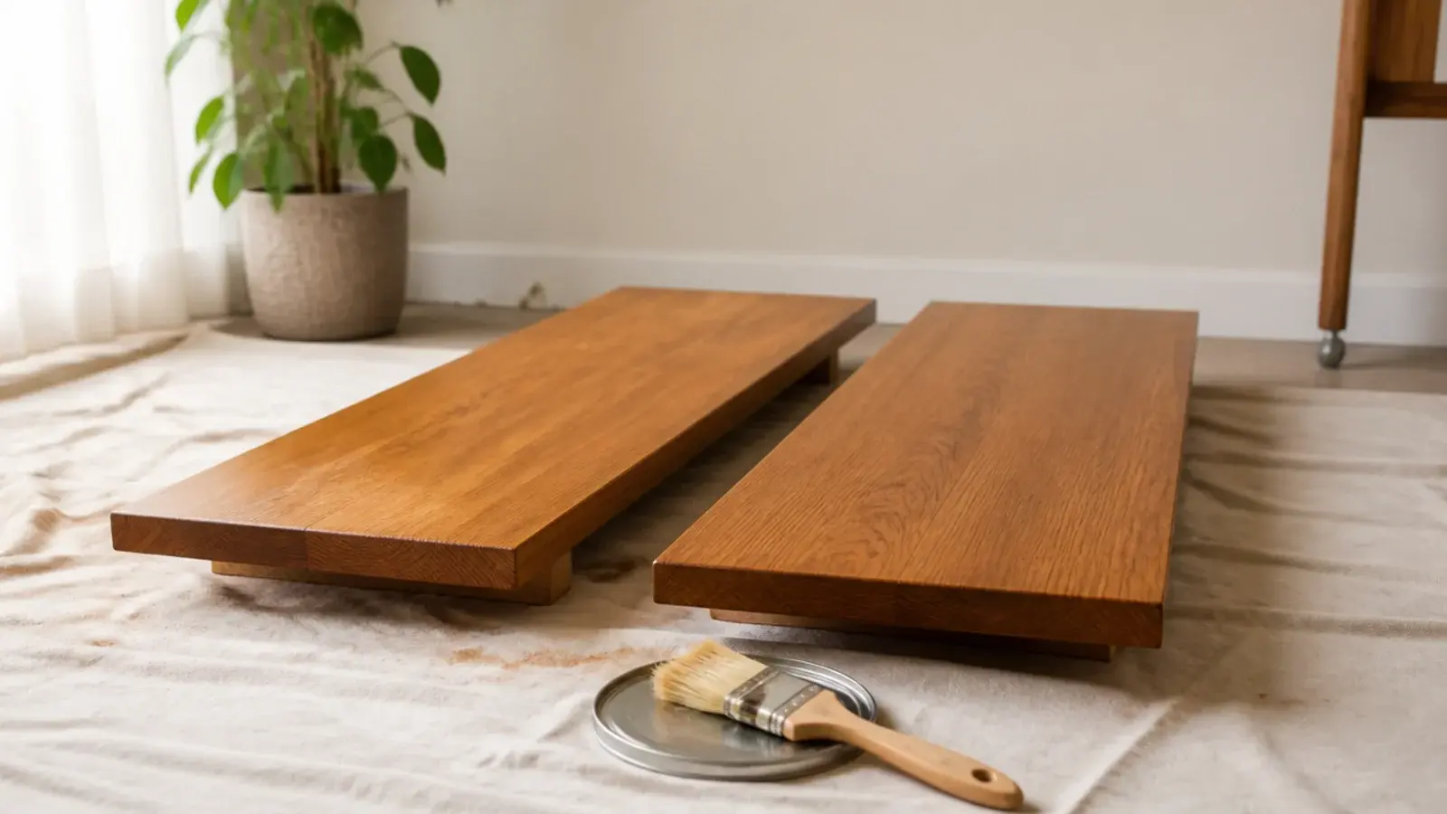 two coated oak kitchen shelf boards curing on blocks in a bright room