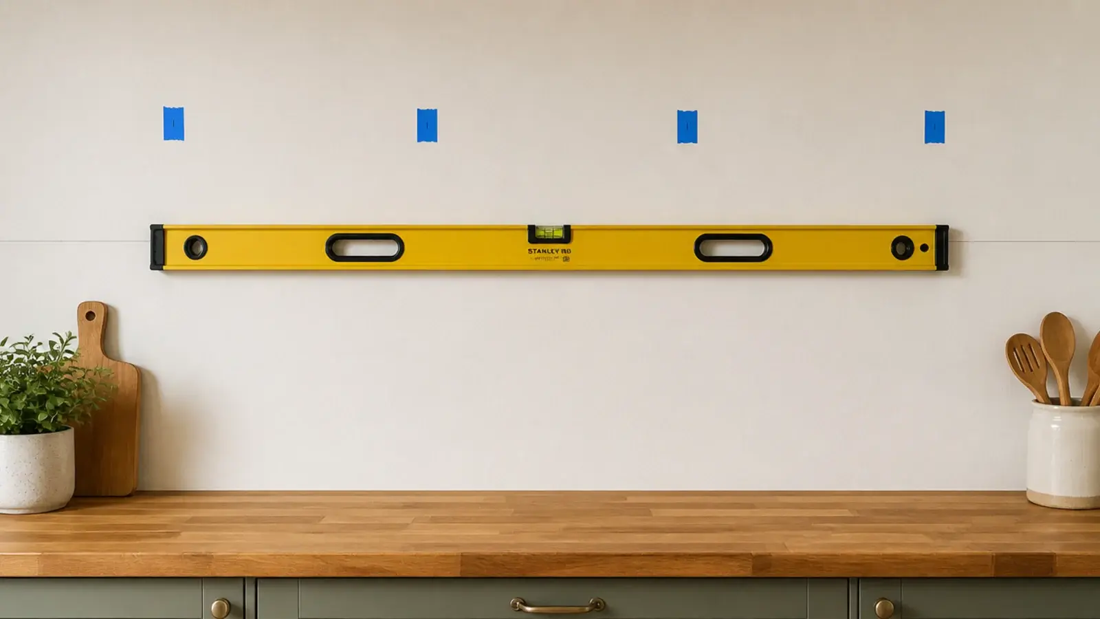 four foot level and pencil line marking a kitchen shelf run on a wall