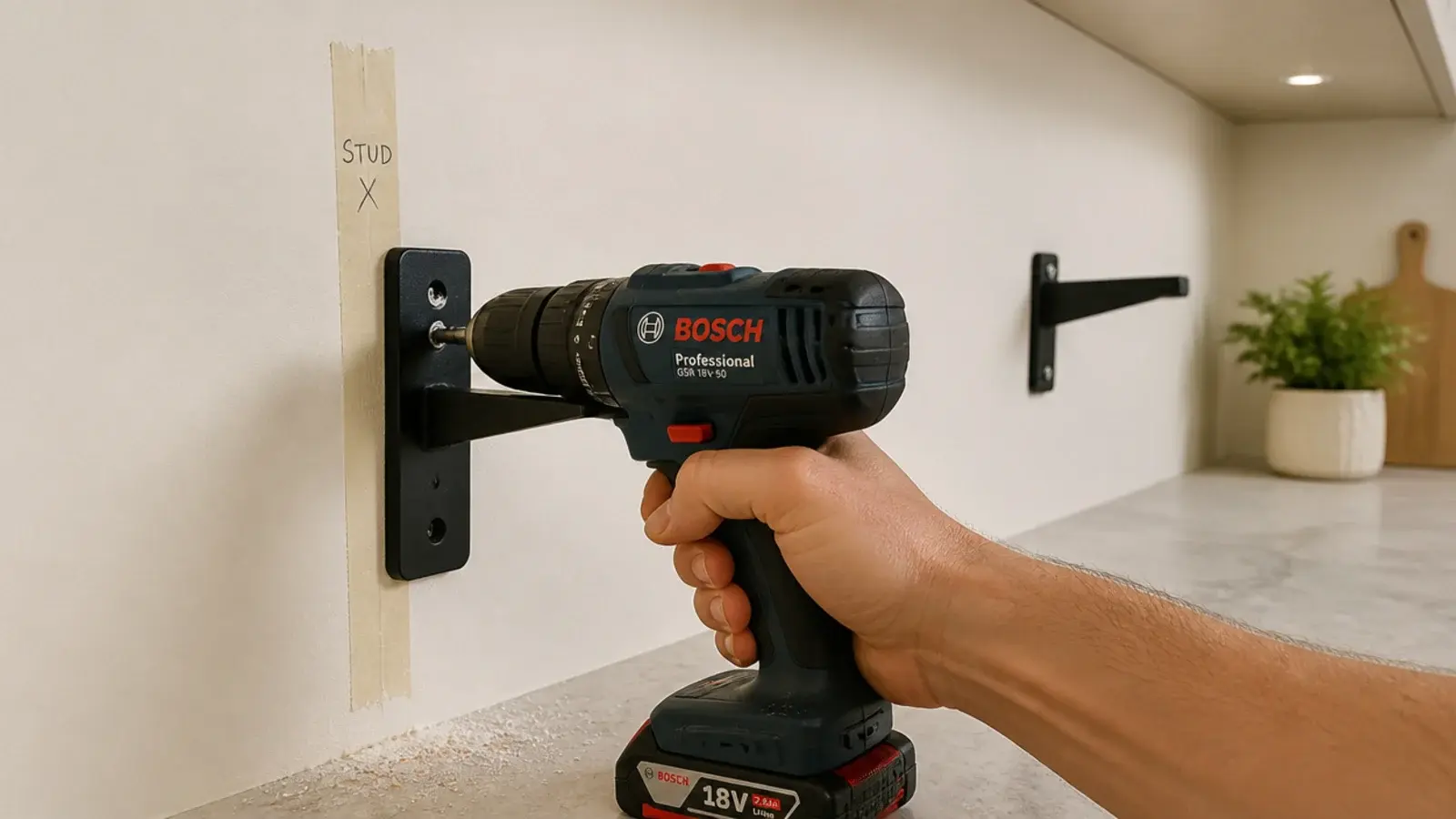 black bracket being drilled into a stud mark on a kitchen wall