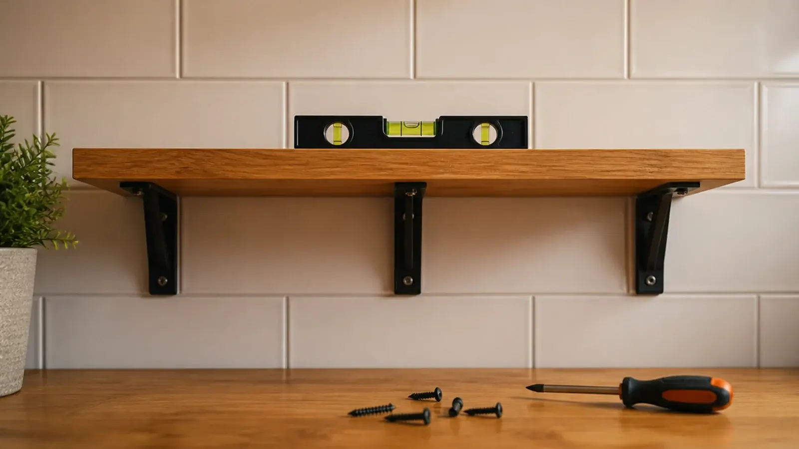 oak kitchen shelf board resting on mounted brackets with a level on top