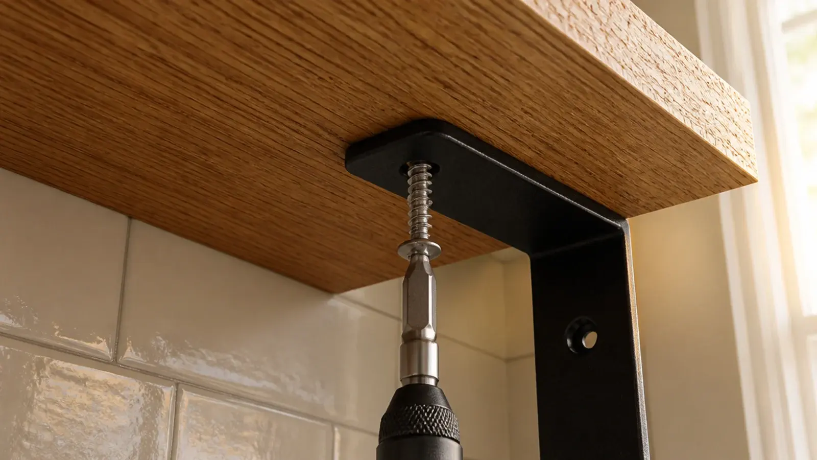 short screw driven upward through a bracket into a kitchen shelf board