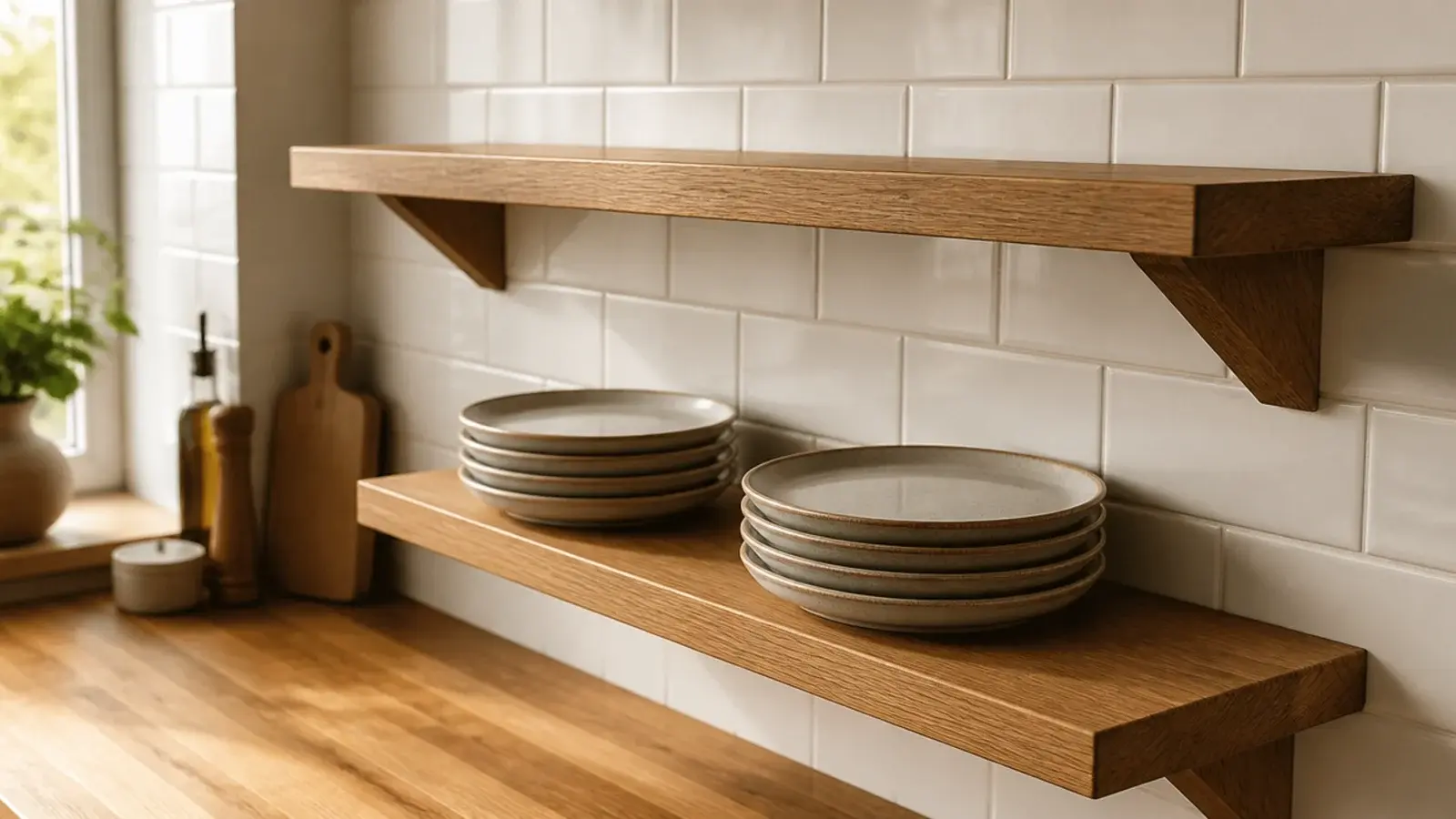 stack of everyday plates load testing a newly mounted kitchen shelf