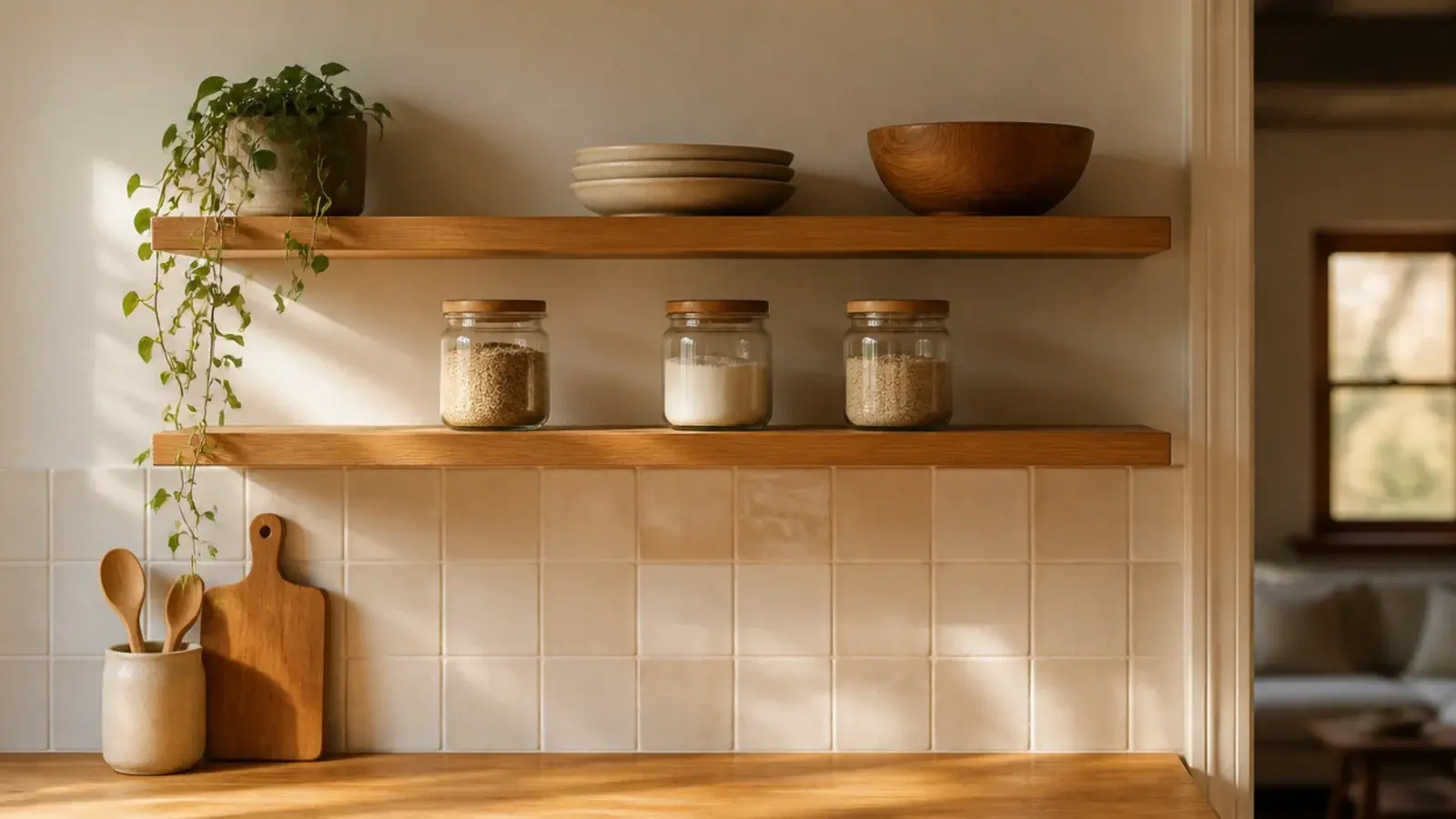 finished diy kitchen shelves styled with stoneware jars and a small plant