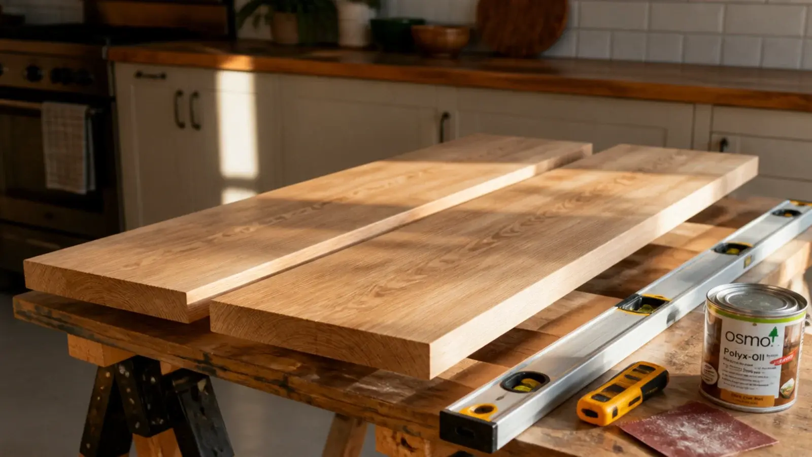 oak boards clamped and sanded ready to build diy kitchen shelves above a counter