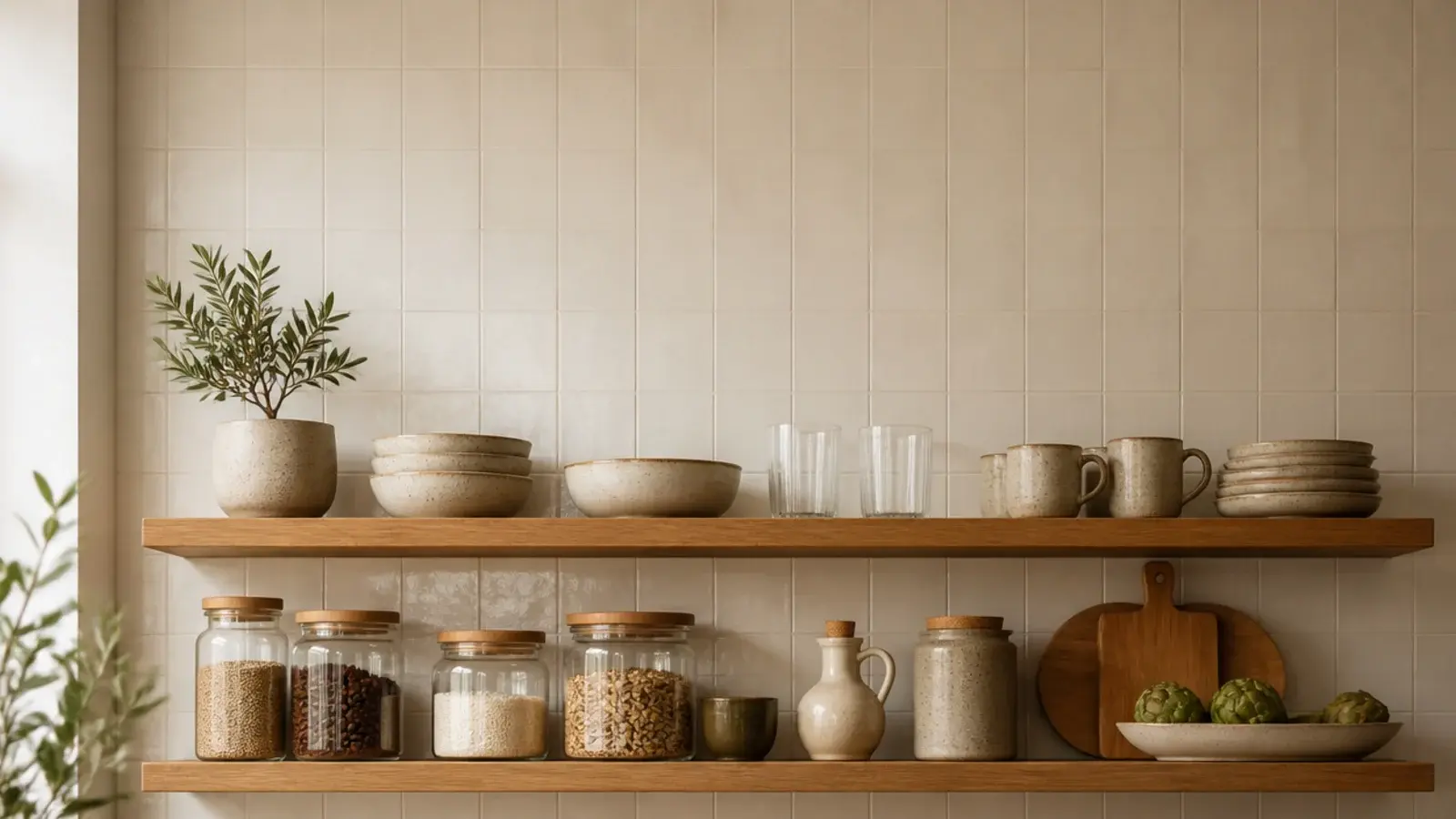 vertical build guide image of finished diy kitchen shelves in warm oak