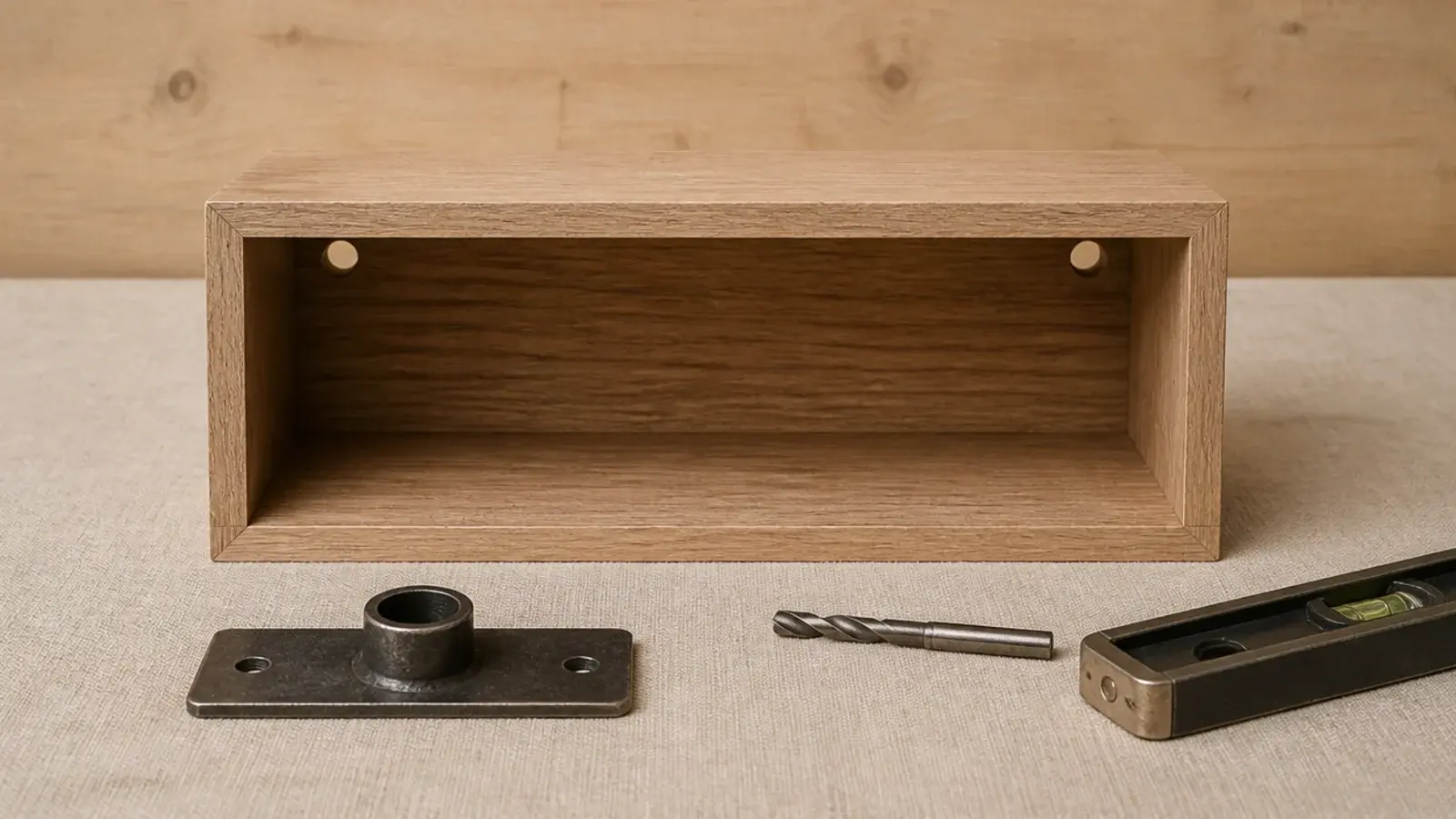 concealed rod bracket and thick shelf box shown ready for kitchen mounting