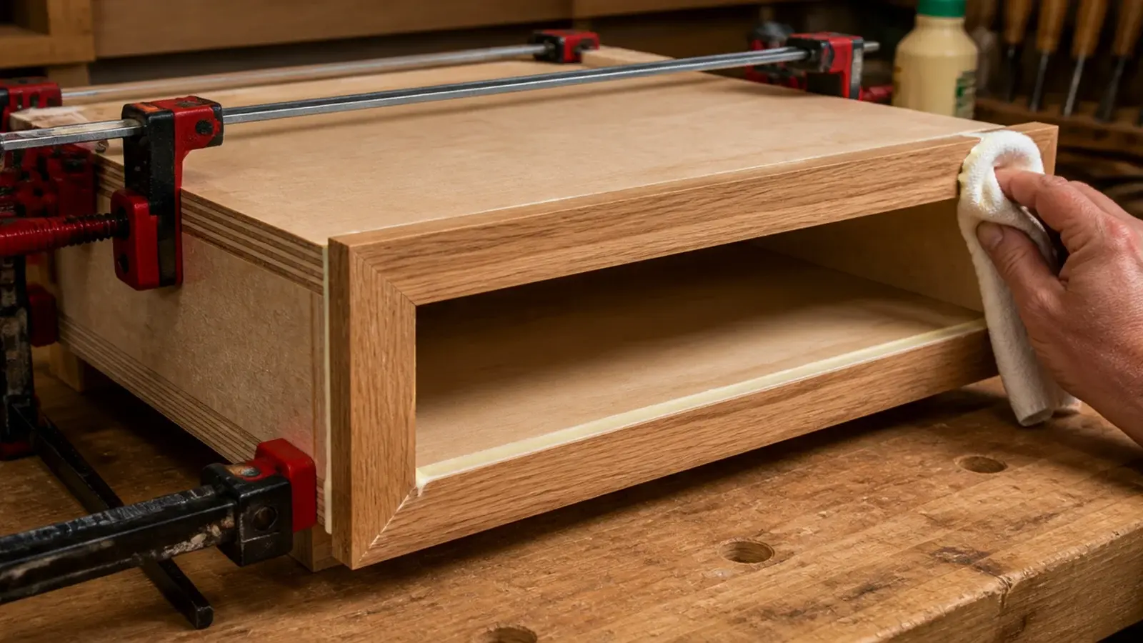 built up hollow box floating kitchen shelf showing a solid front edge