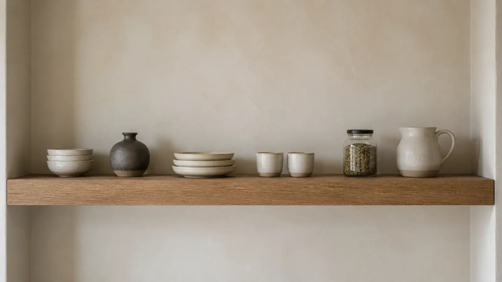 floating kitchen shelf running the full width between two walls
