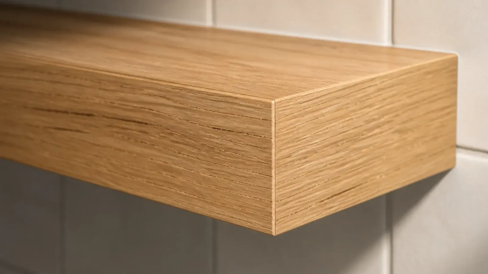 mitred corner detail on the front edge of a floating kitchen shelf