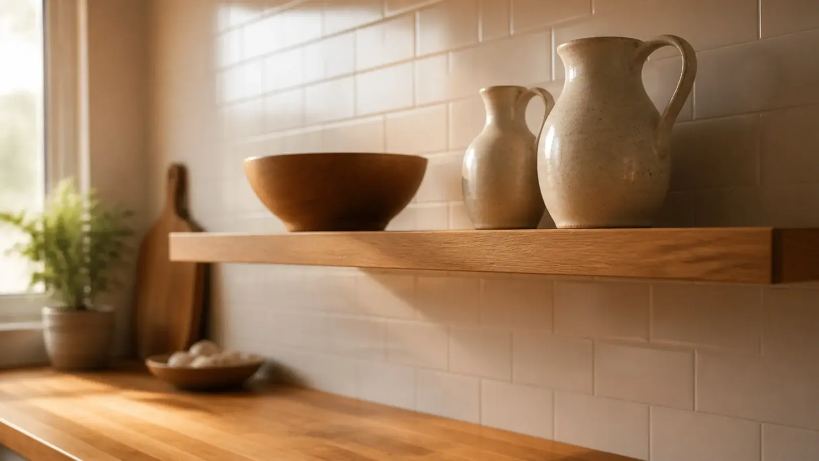 oak floating kitchen shelf matching the wood of the counter beneath it