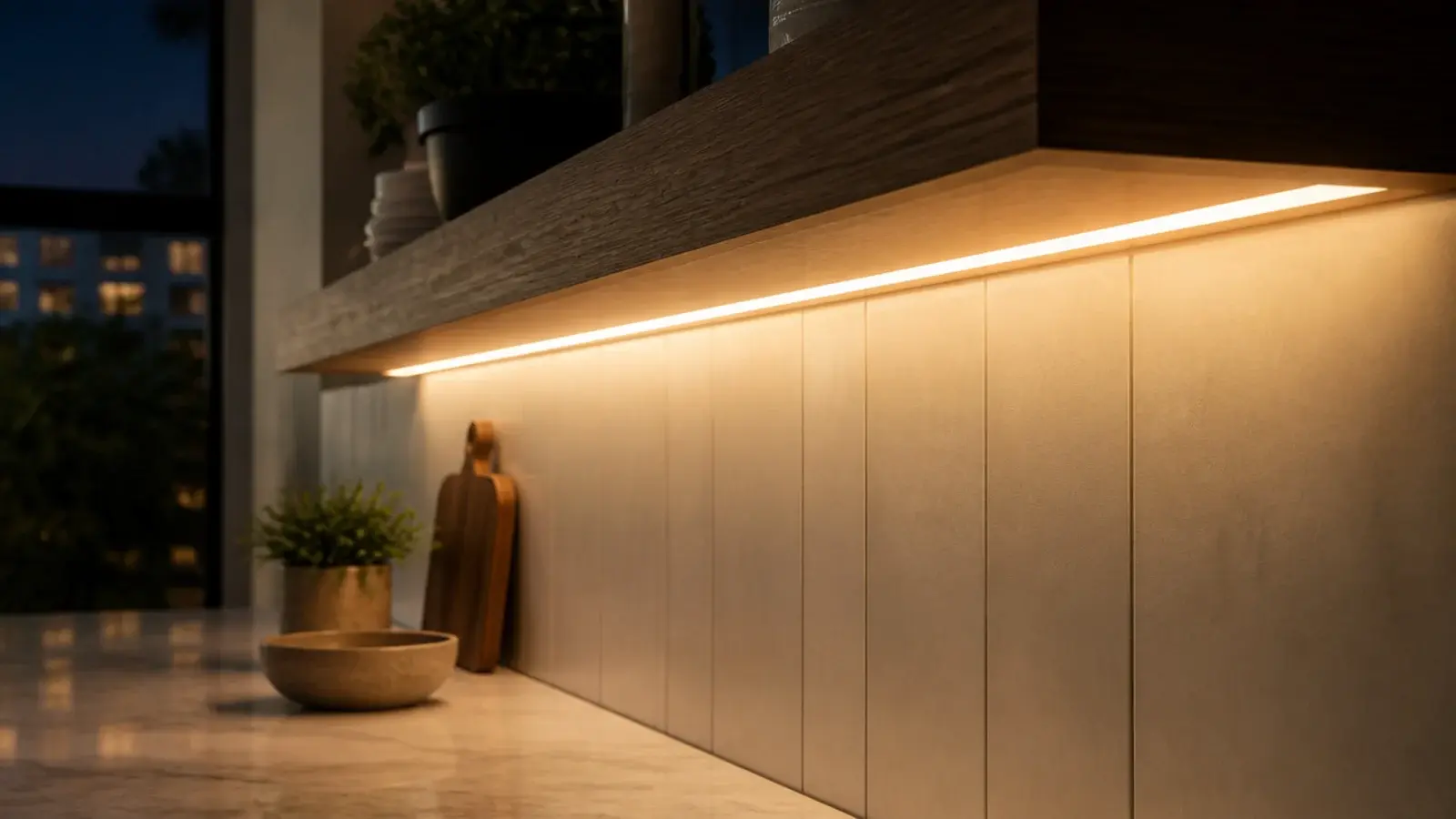 warm led strip hidden in a groove beneath a floating kitchen shelf