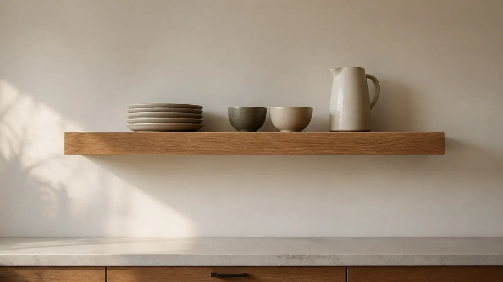 single deep floating kitchen shelf holding plates bowls and a jug