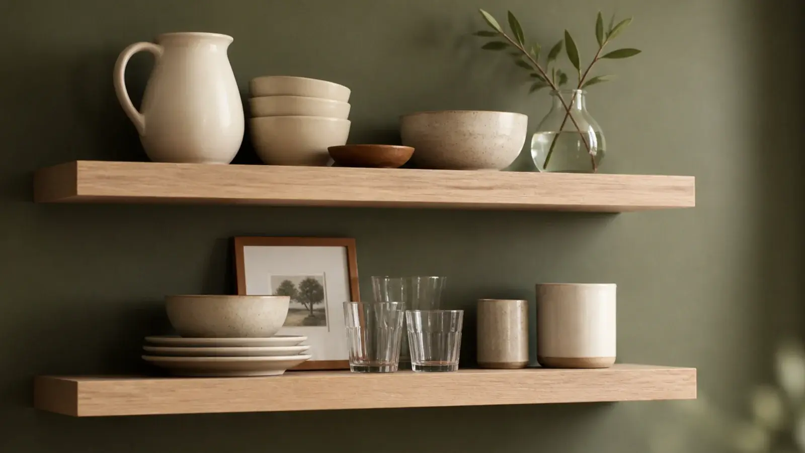 floating kitchen shelves against a deep sage wall holding pale stoneware